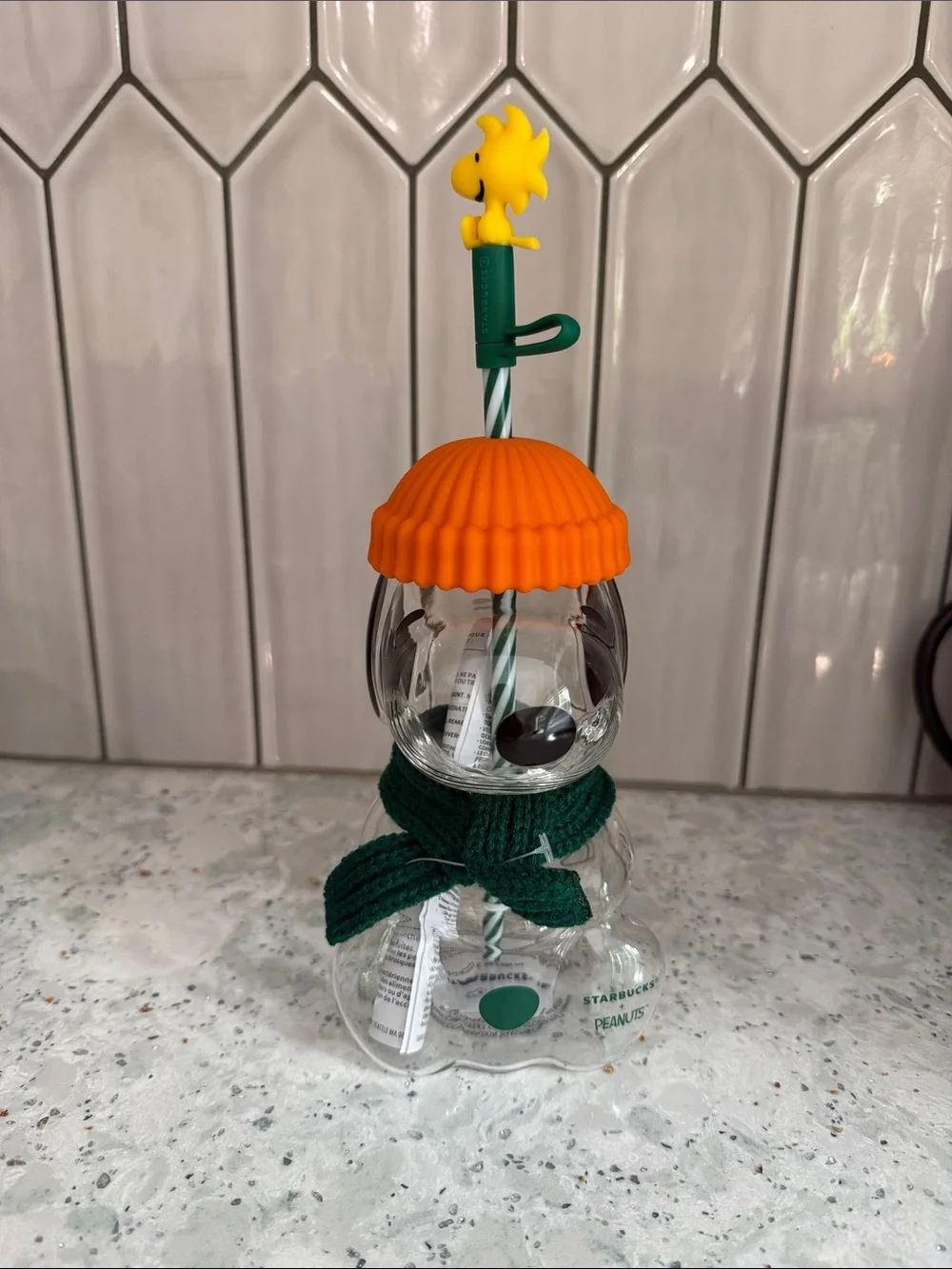 Starbucks Peanuts Snoopy Tumbler with Orange Beanie and Green Scarf